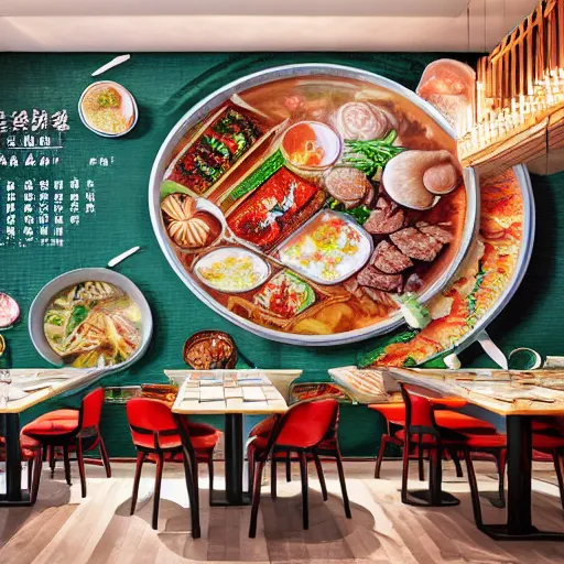 Prompt: a beautiful hyperdetailed interior 4 k hd wallpaper illustration of roasted string hotpot restaurant restaurant yan'an, corner, simple style, wall painting, from china, with merchant logo, people are eating kebabs, fine delicate structure, surrealistic, chinese style, victo ngai