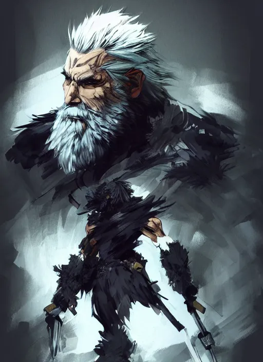 Image similar to Full body portrait of an old muscular man with white hair and black beard wearing bear skin. In style of Yoji Shinkawa and Hyung-tae Kim, trending on ArtStation, dark fantasy, great composition, concept art, highly detailed.