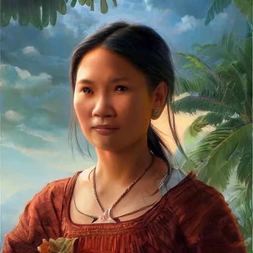 Prompt: portrait of an philipino woman ( 3 5 ) from the philippines in 2 0 2 1, an oil painting by ross tran and thomas kincade