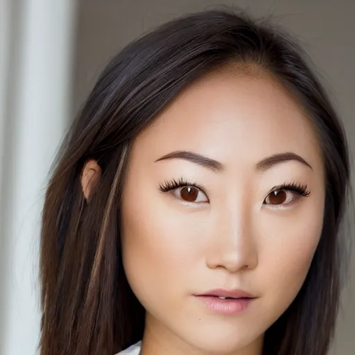 Image similar to portrait karen fukuhara bald neutral expression face straight on headshot even lighting