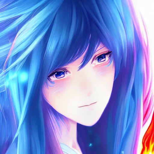 Cute anime girl with purple hair with blue highlights and green eyes