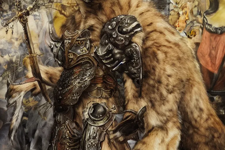 Image similar to 8k Yoshitaka Amano painting of upper body of a young cool looking lynx beast-man with white mane at a medieval market at windy day. Depth of field. He is wearing complex fantasy armors. He has huge paws. Renaissance style lighting.