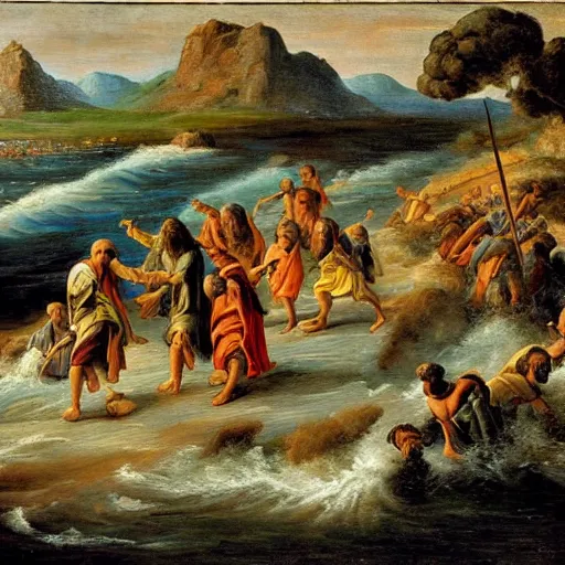 Prompt: Moses and the Israelites crossing the Sea