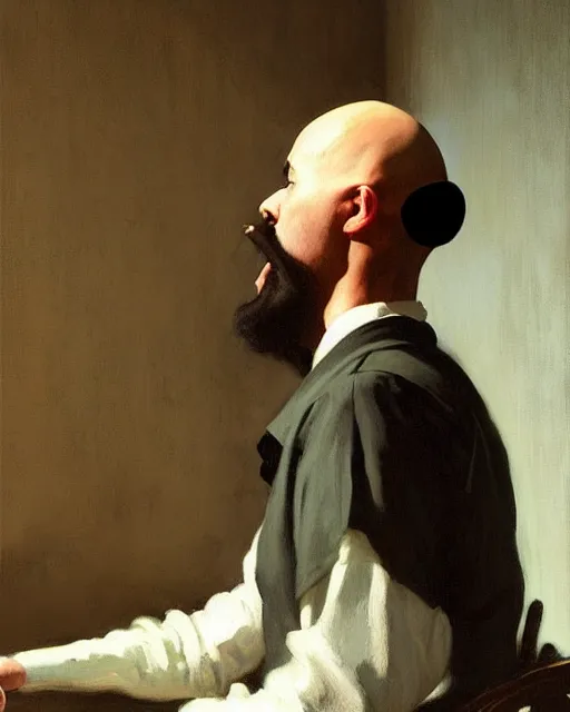 Prompt: a bald nonbinary moustachioed it specialist at work. fantasy art by greg rutkowski, gustave courbet, rosa bonheur, edward hopper. faithfully depicted facial expression, perfect anatomy, sharp focus, global illumination, radiant light, detailed and intricate environment, trending on artstation