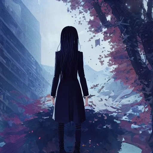 Image similar to low - angle shot from behind of a long blue - haired girl in a tailcoat overlooking demacia, combat boots, noir, screenshot, sharp focus, intricate, illustration, cell shaded, digital painting, highly detailed, straight hair, art by ilya kuvshinov, wlop, greg rutkowski, studio quality, james jean