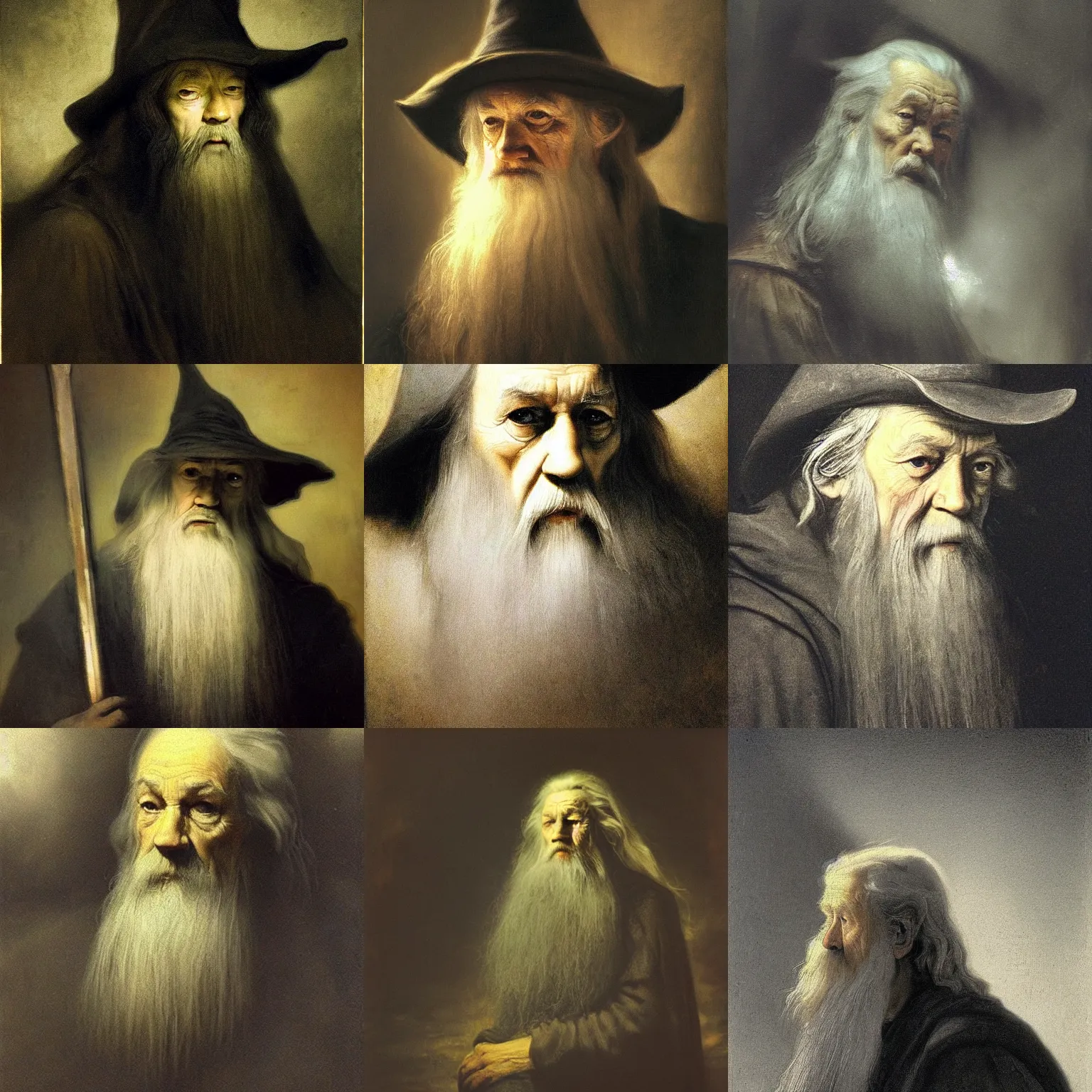 Prompt: portrait of.. gandalf, the gray... ( melancholic, thoughtful )... low key lighting... dark bacgkground, oil canvas by rembrandt