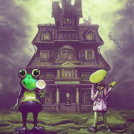 Image similar to A portrait of a scary godlike anthropomorphic frog smoking a cigarette , mansion made of mushrooms in background . award winning. superb resolution. in the art style of junji Ito and greg rutkowski . Detailed Mushroom city in background. Hyper realistic anime. Perfect art. Dalle2