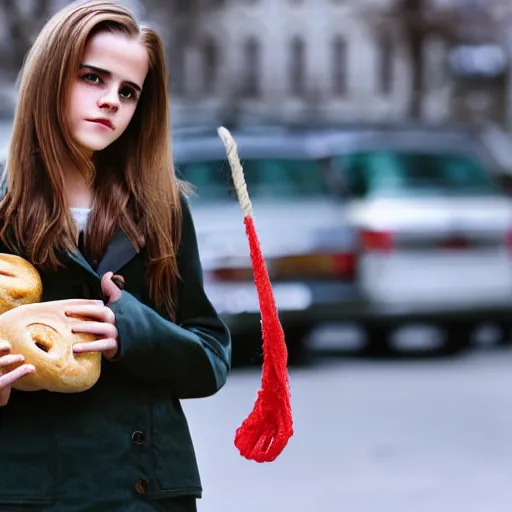 Image similar to photo of teenage emma watson as schoolgirl, holding string bag with bagels, street of moscow, shallow depth of field, cinematic, 8 0 mm, f 1. 8