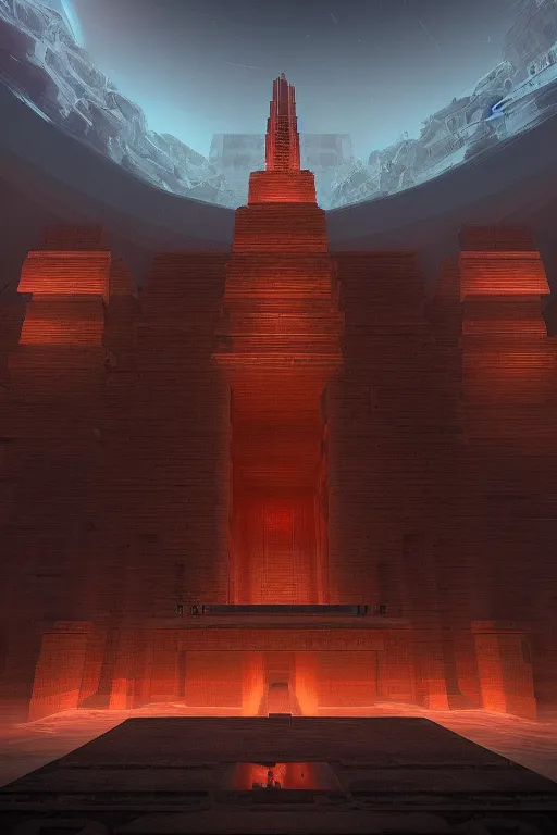 Image similar to Artwork by Beeple of the cinematic view of the Temple of Infernal Writings, Infernal, Writings.