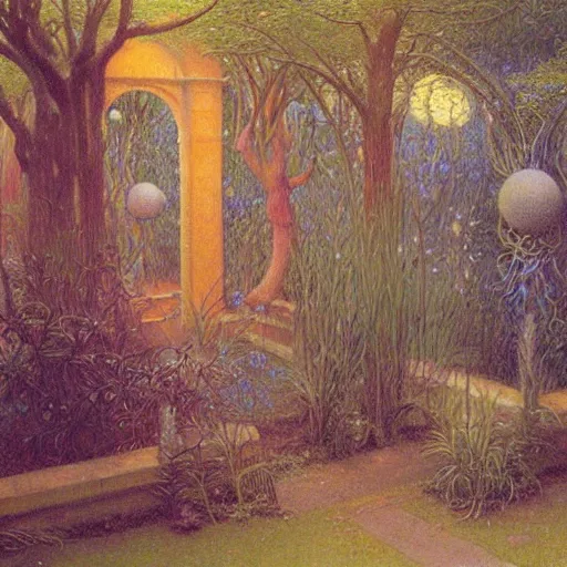 Image similar to a portal in a mysterious garden filled with spherical plants, artwork by jean delville, trending on art station