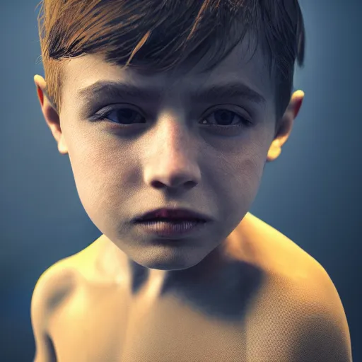 Image similar to boy in innovative avant-garde art, deco fashion, minimalistic theme, highly detailed, photorealistic portrait, golden hour, crisp quality and light reflections, unreal engine 5 quality render