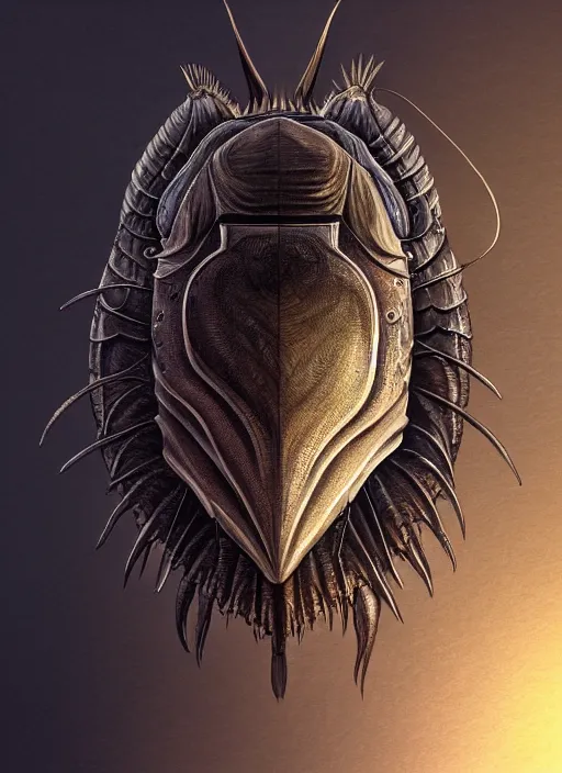 Image similar to anthropomorphic obtuse triangle head in edgy darkiron horseshoe crab, intricate, elegant, highly detailed animal monster, digital painting, artstation, concept art, smooth, sharp focus, illustration, art by artgerm, wayne barlowe, trending on artstation and greg rutkowski and alphonse mucha, 8 k