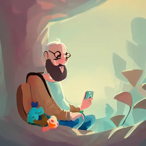 Image similar to cute cartoon character, curled perspective, digital art, beard grandpa taking a photo to a baby girl, anton fadeev