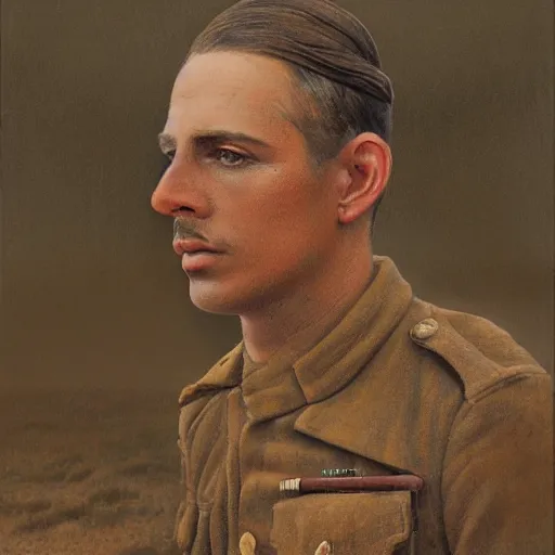 Image similar to a detailed photorealistic sepia - toned color portrait painting of a 1 9 1 7 worried clean - shaven british lieutenant in field gear from the arab bureau in wadi rum, ultra realistic, intricate details, atmospheric, dark, brooding, highly detailed, by clyde caldwell