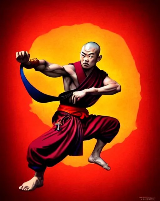 Image similar to richly detailed color illustration of a shaolin-monk-kung-fu illustrated by Artgerm and Timothy Kong . 3D shadowing