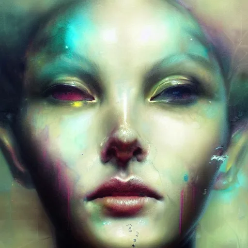 Image similar to demon goddess close-up portrait by cy Twombly and BASTIEN LECOUFFE DEHARME, iridescent fractal, high tech