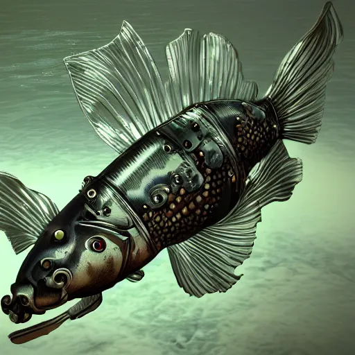 Prompt: robotic steampunk koi fish swimming in murky unfiltered pondwater, futuristic, pessimistic, artstation, ultra-detailed, 8k resolution, ultrarealistic