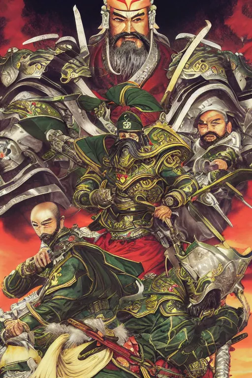 Prompt: poster of liu bei with guan yu and zhang fei, by yoichi hatakenaka, masamune shirow, josan gonzales and dan mumford, ayami kojima, takato yamamoto, barclay shaw, karol bak, yukito kishiro