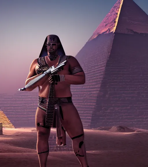 Image similar to a beefy man with a machine gun, egyptian pyramid in the background, 4 k, sharp focus, illustration, highly detailed, cyberpunk