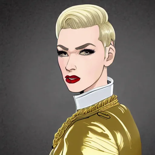 Image similar to character concept art of stoic heroic emotionless handsome blond butch tomboy woman with very short slicked-back hair, in princely white and gold masculine satin uniform with gold cape, science fiction, atompunk, illustration