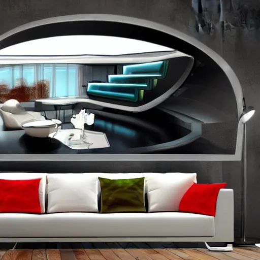 Image similar to futuristic high tech interior living room. digital art