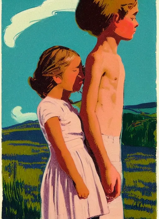 Prompt: an extreme close - up low angle portrait of a young girl and her young brother praying in a scenic representation of mother nature and the meaning of life by billy childish, thick visible brush strokes, shadowy landscape painting in the background by beal gifford, vintage postcard illustration, minimalist cover art by mitchell hooks
