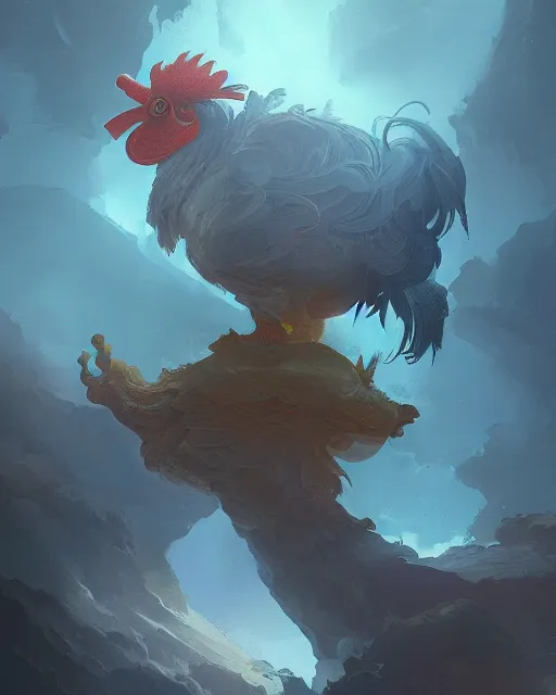 Prompt: humongous mysterious legendary rooster, frog view camera, beautiful illustration, mist, abstract, scifi, atmosphere, top lighting, focused, artstation, highly detailed, art by yuhong ding and chengwei pan and serafleur and ina wong