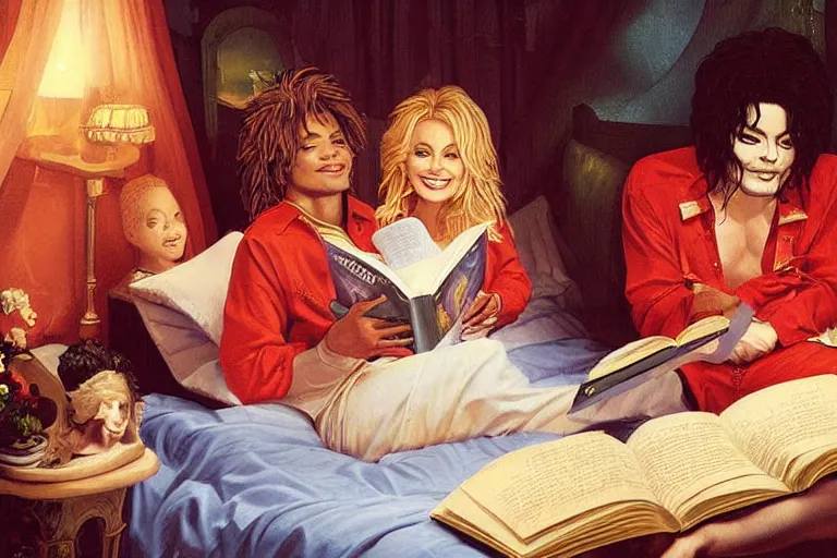 Image similar to portrait of dolly parton reading a bedtime story to michael jackson in bed, an oil painting by ross tran and thomas kincade