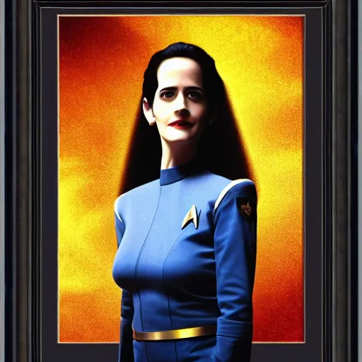 Image similar to a full body photograph of 3 0 year old eva green as a star fleet officer from star trek next generation, ultra rendered, extreme realism and detail, 8 k, highly detailed, realistic, completely framed, hyper realistic, colorful, direct lighting, 3 5 mm photo, photorealistic, sharp focus