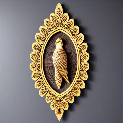 Image similar to gorgeous ornated wooden realistic detailed sacred falcon wall decoration with golden filigree carved out of ivory