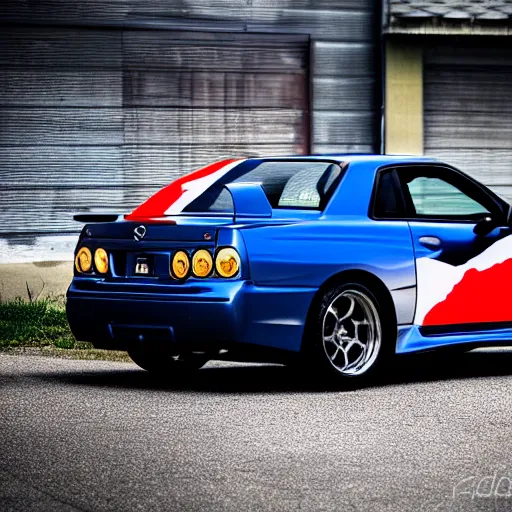 Image similar to nissan skyline r34 with Canadian flag reflection, photography, realistic