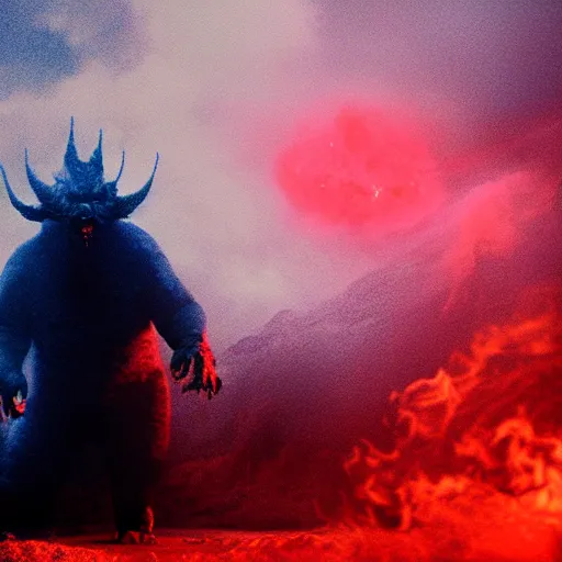 Image similar to low - resolution filmstill of a kaiju monster, fog, smoke, fire, red and blue hues, thriller, underdeveloped, flare, epic, dramatic