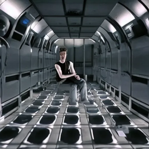 Image similar to mark zuckerberg sitting in front of his clones growing inside a vat of protein fluid. They are inside the cloning med bay of an alien ship. the ceiling and floor glow. from science fiction movie.