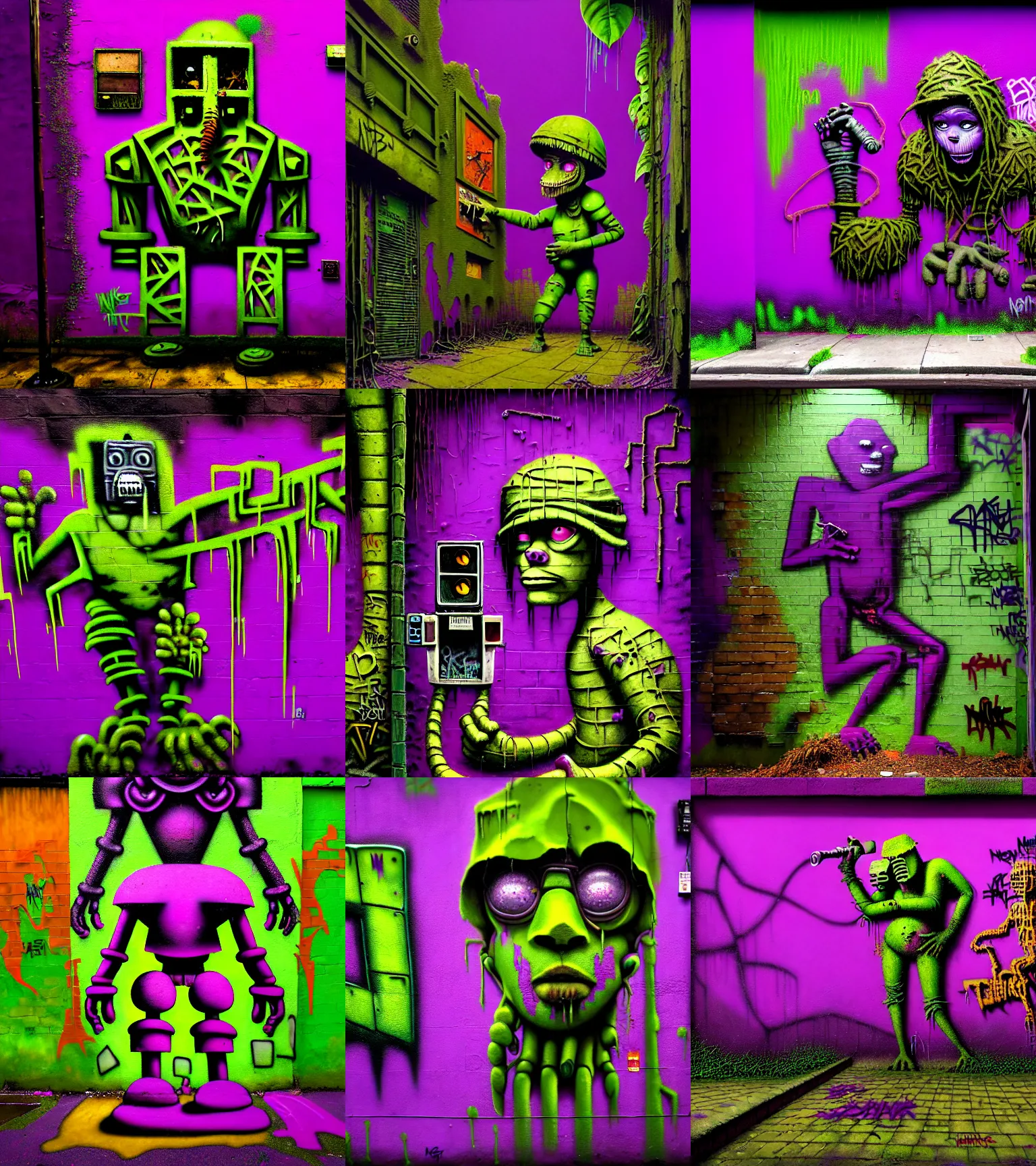 Prompt: jungle golem, graffiti on the wall, shades of purple, green, fuchsia, dirty colours, night, rotten textures, rusty shapes, biotechnology, banksy, david lozano, norman rockwell, tim hildebrandt, wayne barlow, bruce pennington, larry elmore, spray on wall, deep depth field, masterpiece, cinematic composition, hyper - detailed, hd, hdr