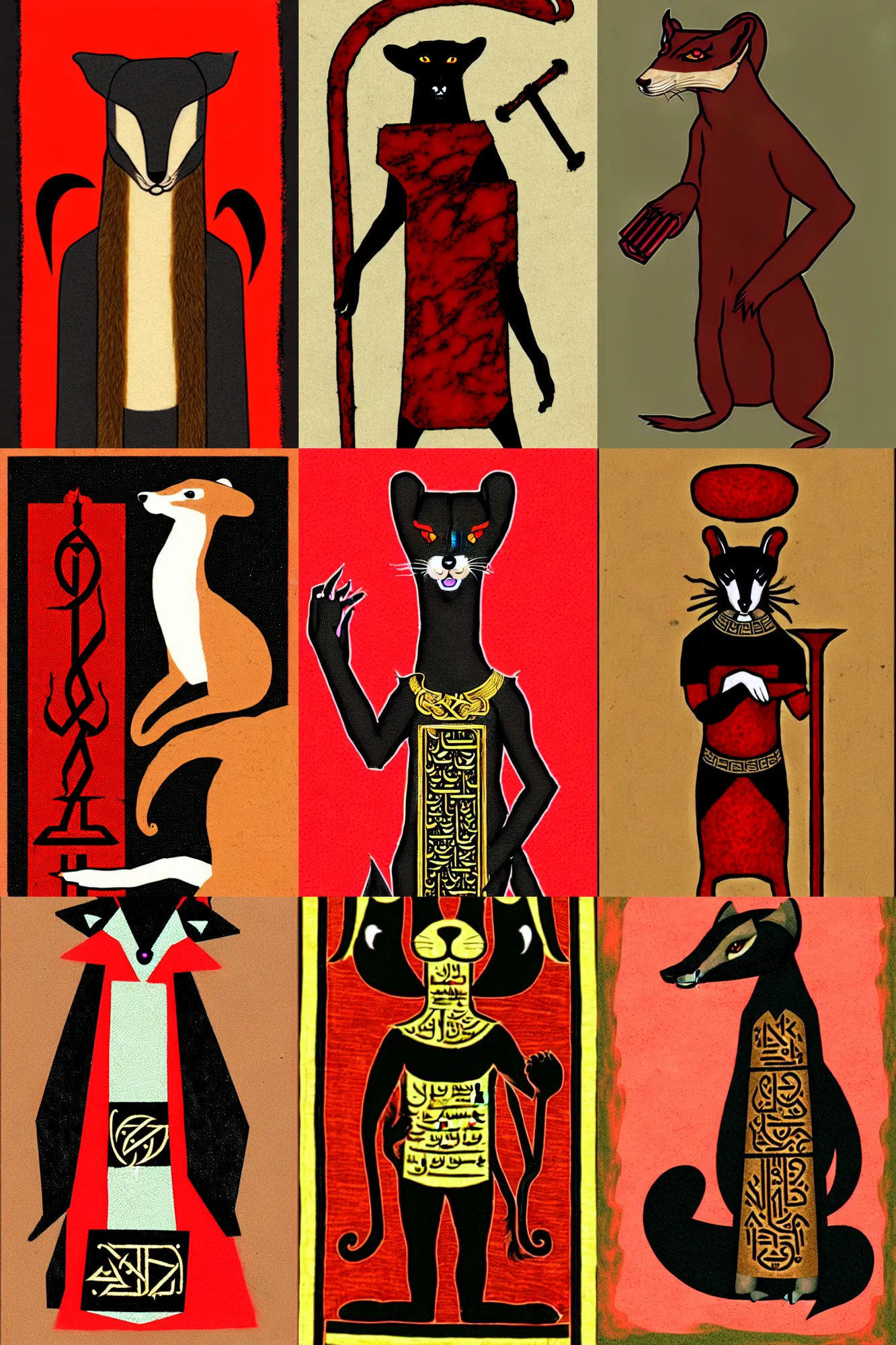 Prompt: a photo : my fursuit is clad in the esoteric gnostic script of the library of hammurabi but my fursona is a weasel ( a red and black stoat to be exact )