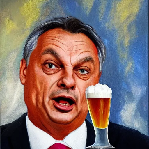 Prompt: viktor orban with a beer, anatomically correct, oil painting, hyper realistic, 8 k, highly detailed