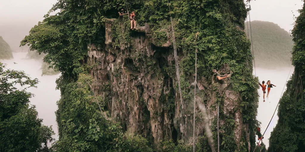 Image similar to an island of jungle cliffs with treehouses atop. tiered catwalks and rope bridges. kids in colorful war paint standing on the rope bridges. foggy valley and mountains fading into the distance, at sunset. waterfalls. neverland. 3 5 mm portrait film.