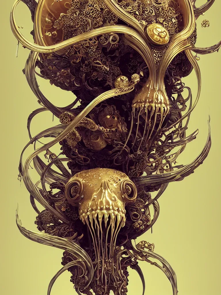 Image similar to close-up portrait ram skull abstract 3d composition. jellyfish phoenix head, nautilus, orchid, moebius, mucha, New art nouveau, skull, gold betta fish, bioluminiscent creatures, intricate artwork by Tooth Wu and wlop and beeple. octane render, trending on artstation, greg rutkowski very coherent symmetrical artwork. cinematic, hyper realism, high detail, octane render, 8k