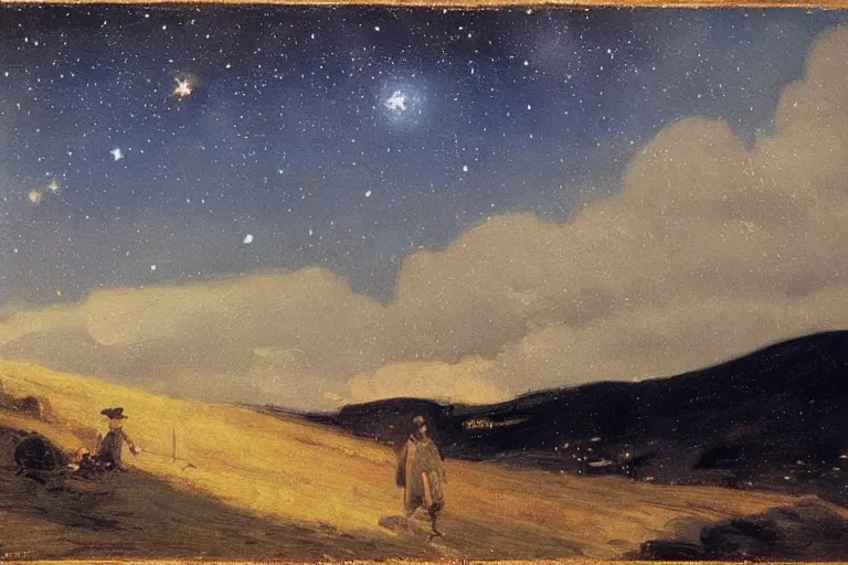 Image similar to night sky with clouds and stars, colorful, canvas, very detailed, oil painting, canvas, Theodor Kittelsen, Hermann Hendrich