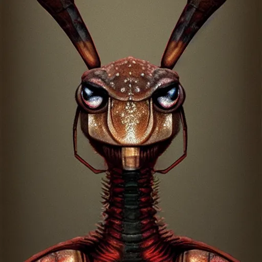 Prompt: portrait of brown anthropomorphic mantis religiosa ; hard predatory look ; d & d rogue ; flat triangle - shaped head with thin thread - like antennae ; concept art ; artstation ; 8 k ; wallpapers ; heavy contrast ; cinematic art ; cgsociety ; art by greg rutkowski and artgerm