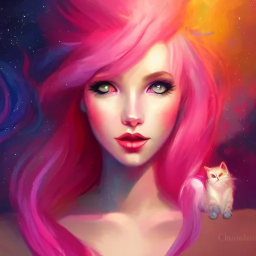 Prompt: colorful and festive cat with pink hair,. rich vivid colors, ambient lighting, dynamic lighting, 4 k, atmospheric lighting, painted, intricate, highly detailed by charlie bowater