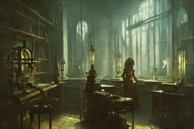 Prompt: a dark steampunk laboratory interior lit only by the windows with strange artifacts inside display cases in the late evening with dusty atmosphere, painting 3D by Greg Rutkowski