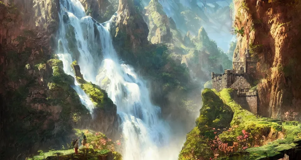 Image similar to A beautiful digital painting of a castle, waterfall, lovely valley by Stanley Artgerm Lau, frank frazetta, Rossdraws, James Jean, gerald brom, Andrei Riabovitchev, Marc Simonetti, and Sakimichan, trending on artstation