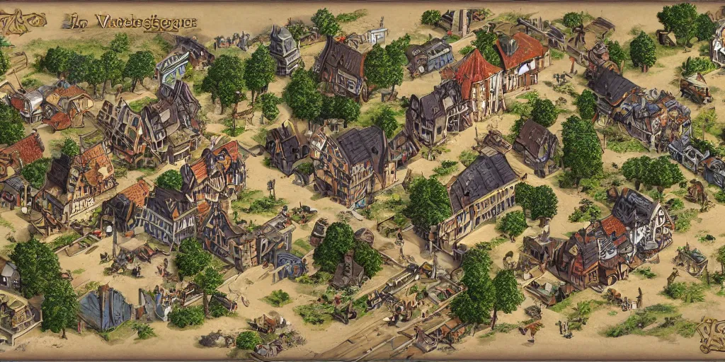 Prompt: isometric strategy game view, 1 8 th century german village, amazing detail, game art by moebius,