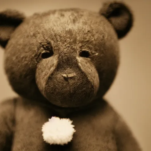 Image similar to Portrait studio photograph of Kanye West with a anthropomorphic teddy bear, close up, shallow depth of field, in the style of Felice Beato, Noir film still, 40mm