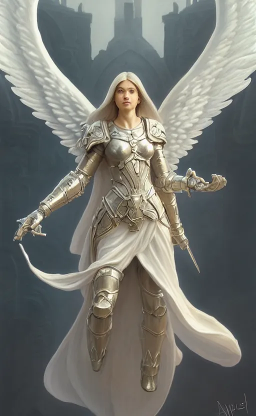 Image similar to angel, high key, full armor cloth, full body portrait, gentle, female, bright marble ruins, landscape, d & d, fantasy, intricate, elegant, highly detailed, digital painting, white gold color palette, artstation, octane render, concept art, matte, sharp focus, illustration, hearthstone, art by artgerm and greg rutkowski and alphonse mucha