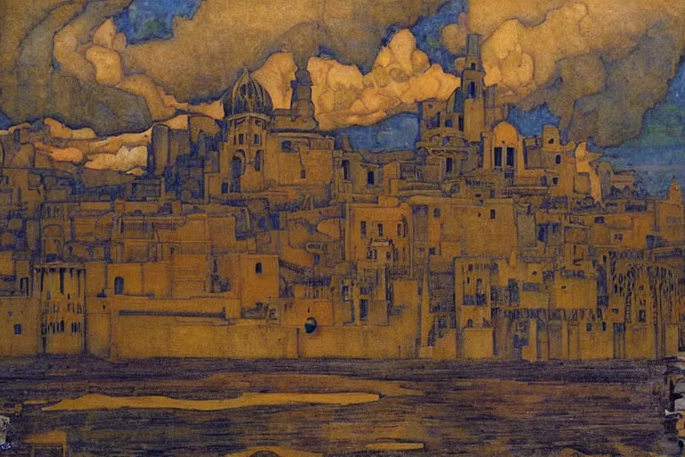 Image similar to ancient city by the sea by Annie Swynnerton and Nicholas Roerich and jean delville, strong dramatic cinematic lighting , ornate painted architecture, lost civilizations, smooth, sharp focus, extremely detailed