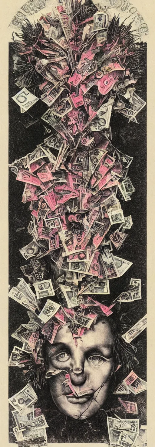 Image similar to post - punk new age album cover, asymmetrical design, dollar bank notes, capitalism, magic, apocalypse, psychedelic, black white pink, magic, giger h. r., giuseppe arcimboldo