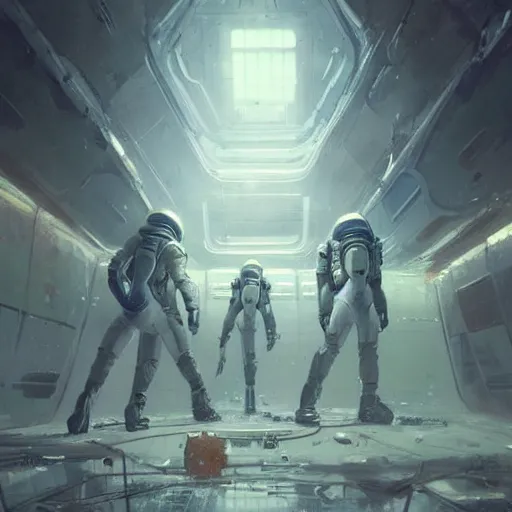 Image similar to concept art by greg rutkowski, three people wearing futuristic space suits, exploring the interior of an abandoned space station, brutalist futuristic interior, dark lighting atmosphere, detailed portraits, scary atmosphere, scifi, digital painting, artstation, concept art, smooth, sharp foccus ilustration, artstation hq