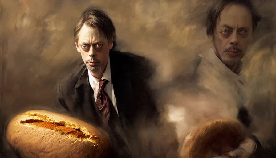 Image similar to beautiful portrait of steve buscemi in a loaf of bread, art by anders zorn, wonderful masterpiece by greg rutkowski, beautiful cinematic light, american romanticism thomas lawrence, greg rutkowski